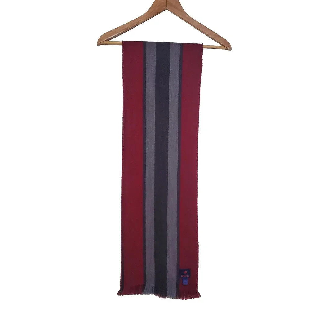 Phenix 100% Merino Wool Striped Scarf Red Gray‎ Black w/Fringe 67